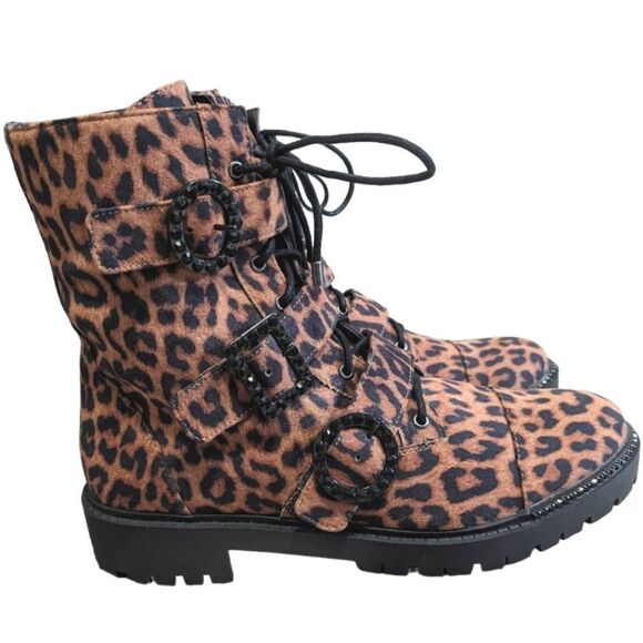Jessica Simpson Kirlah animal print tan & black rhinestone combat boots 8.5 - Picture 5 of 11